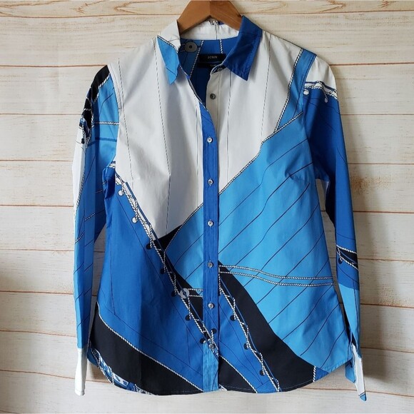 J. Crew Tailored Slim Cotton Poplin Shirt Nautical Italy Ratti Regatta Size 8 - Picture 2 of 14